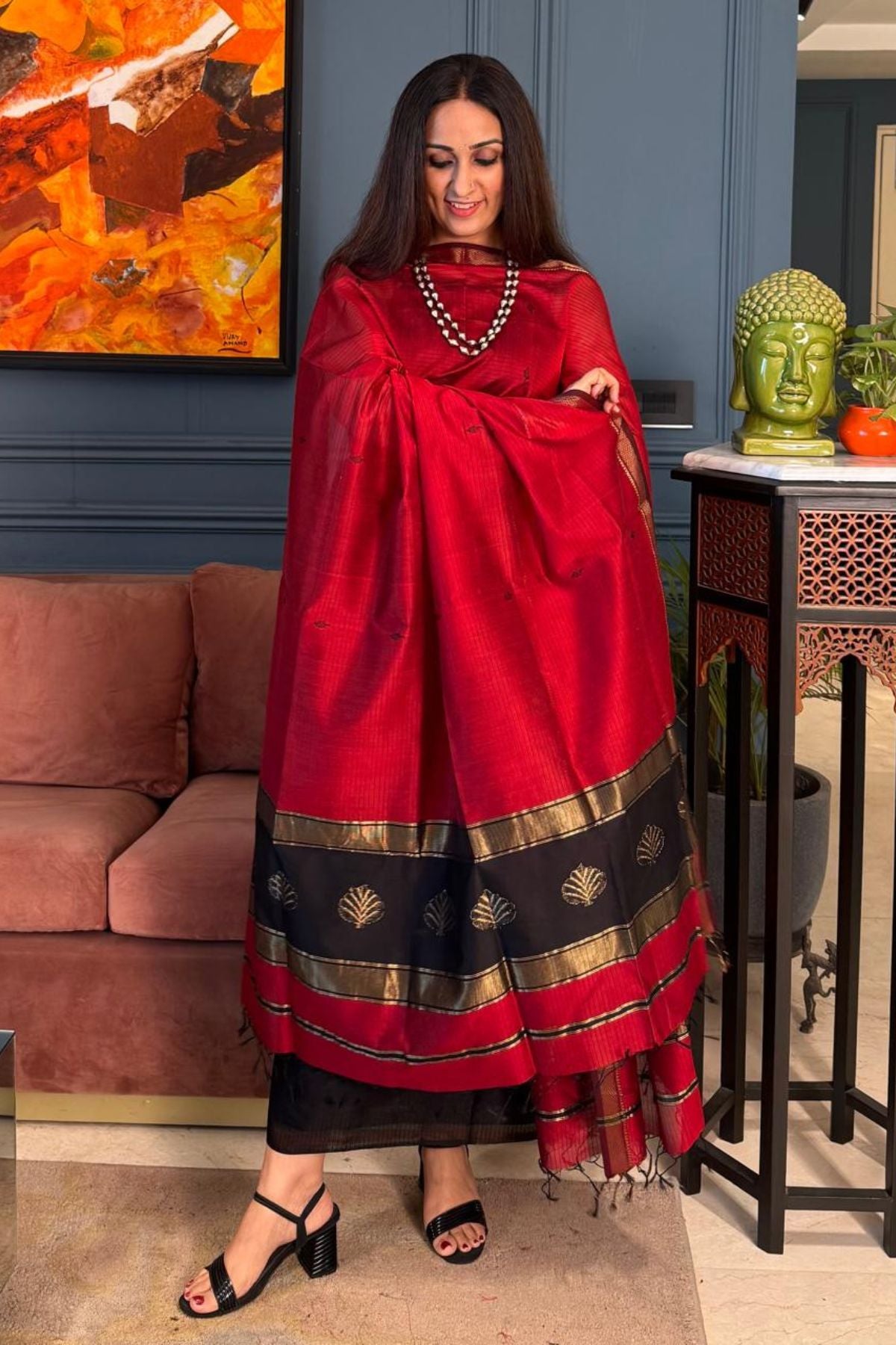 Handwoven Maheshwari silk kurta dupatta set